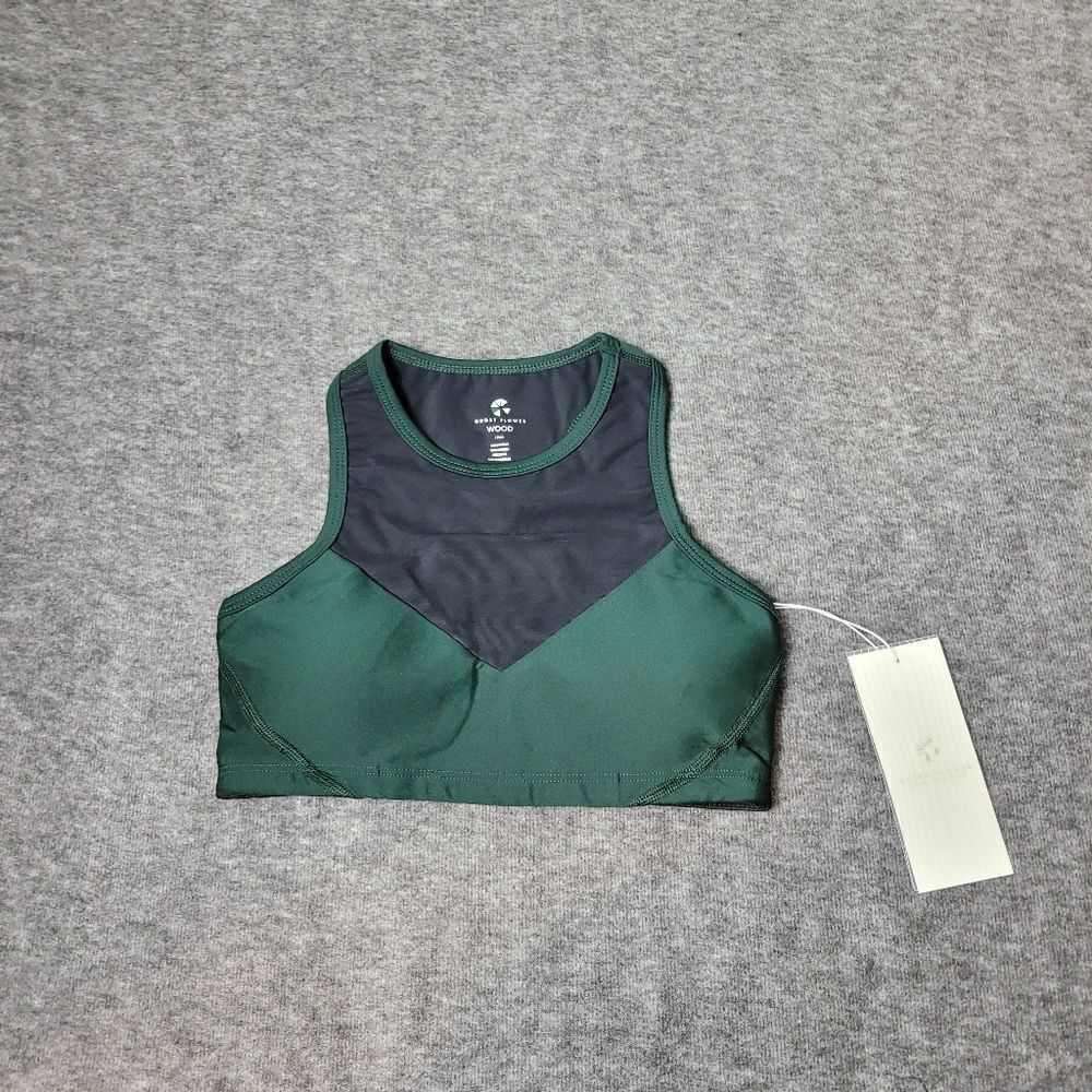 Ghost Flower Wood Women's Size XS Athletic Sport Bra Emerald Green Black Mesh